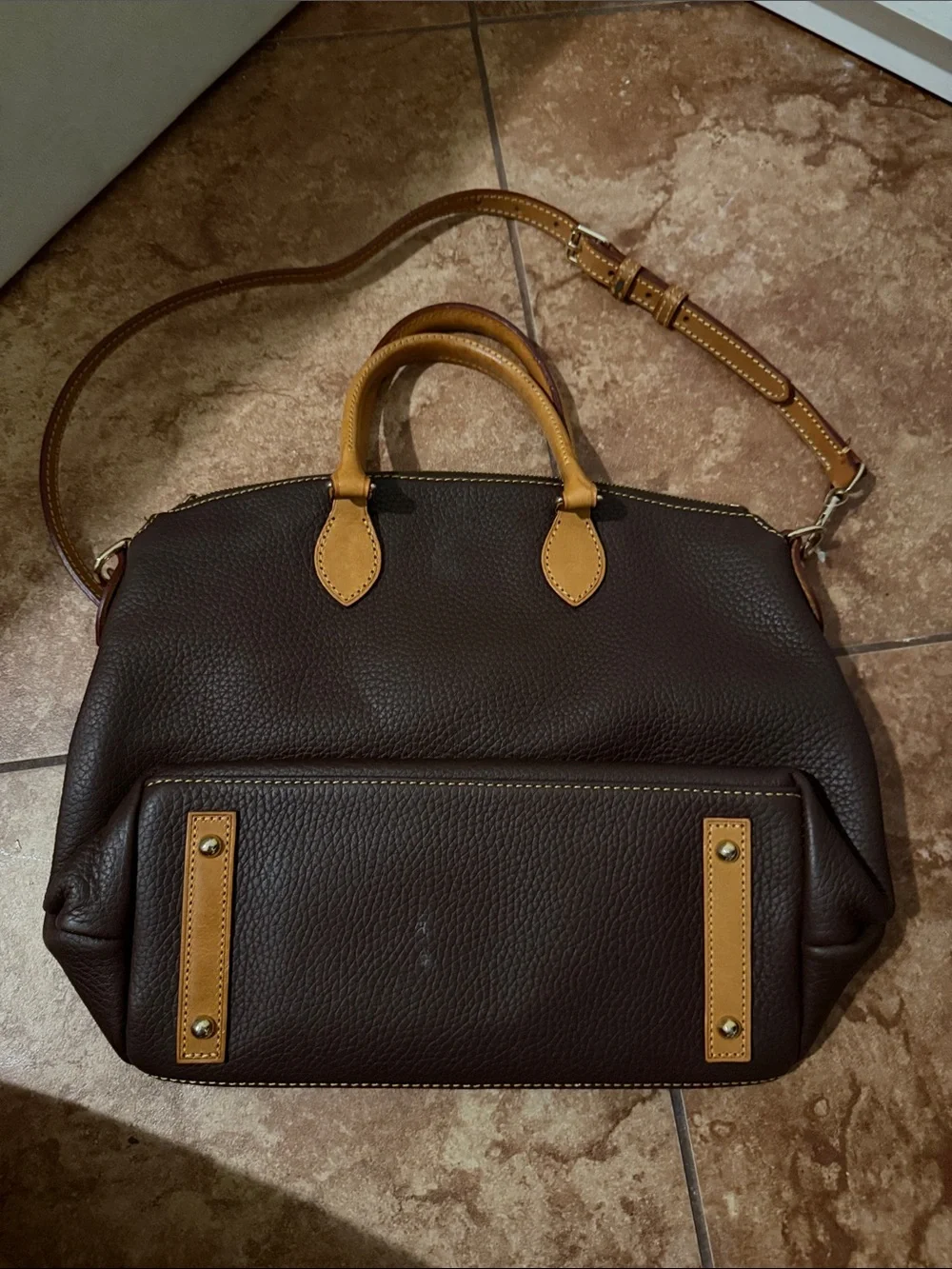 Dooney & Bourke Dark Brown Leather Messenger with Tan Trim